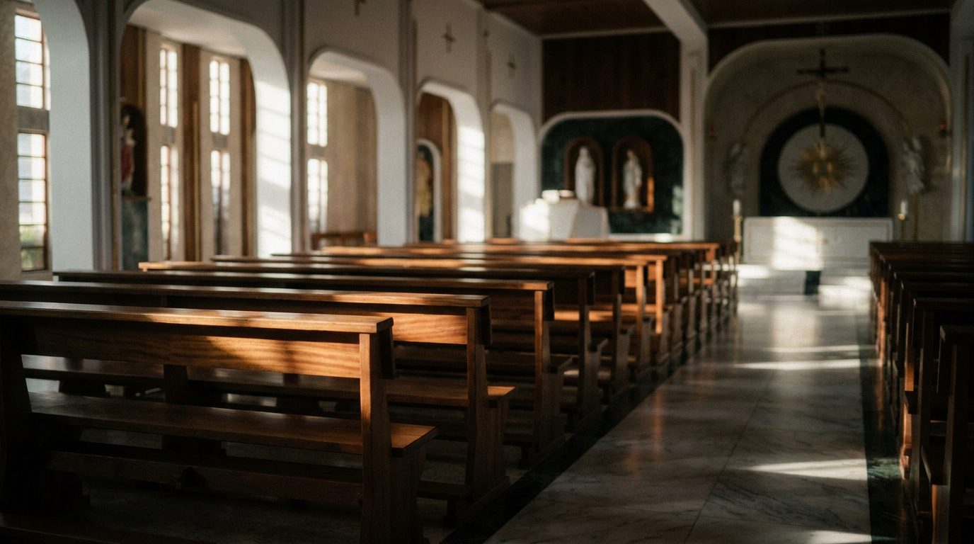 Luz da manhã atravessando a nave lateral de uma igreja