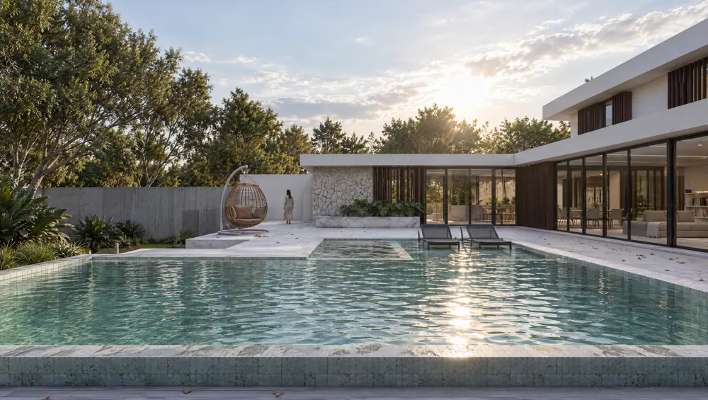 Residência EA: piscina e casa