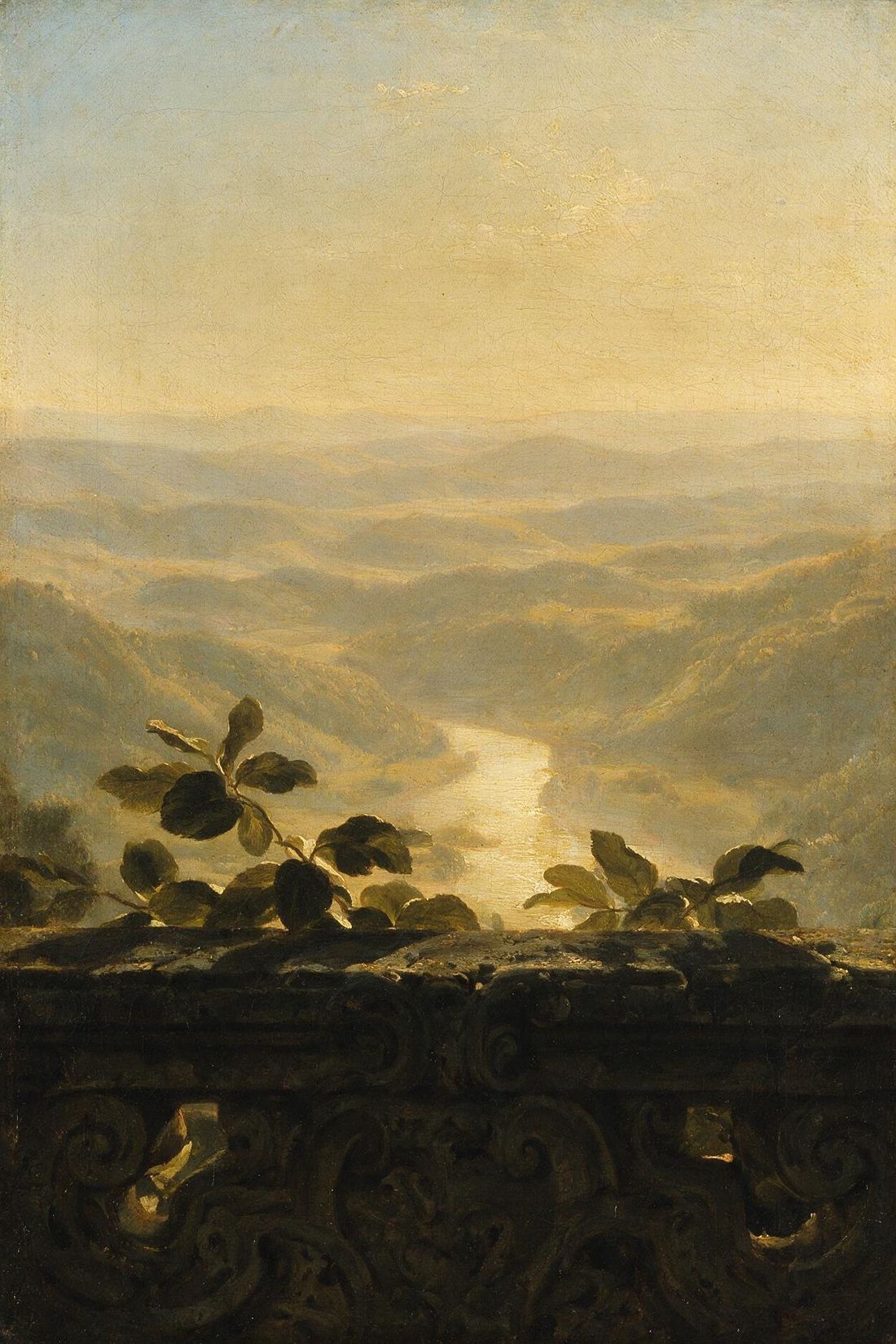 Pintura a óleo: parapeito de pedra em primeiro plano e vale luminoso ao fundo