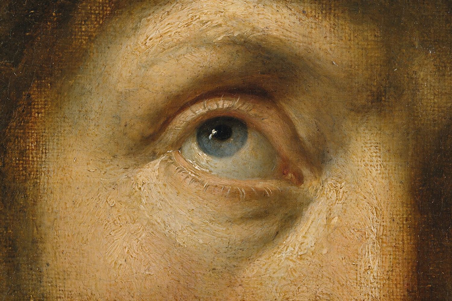 Detalhe macro de pintura a óleo antiga: um olho, com craquelê e pincelada visíveis