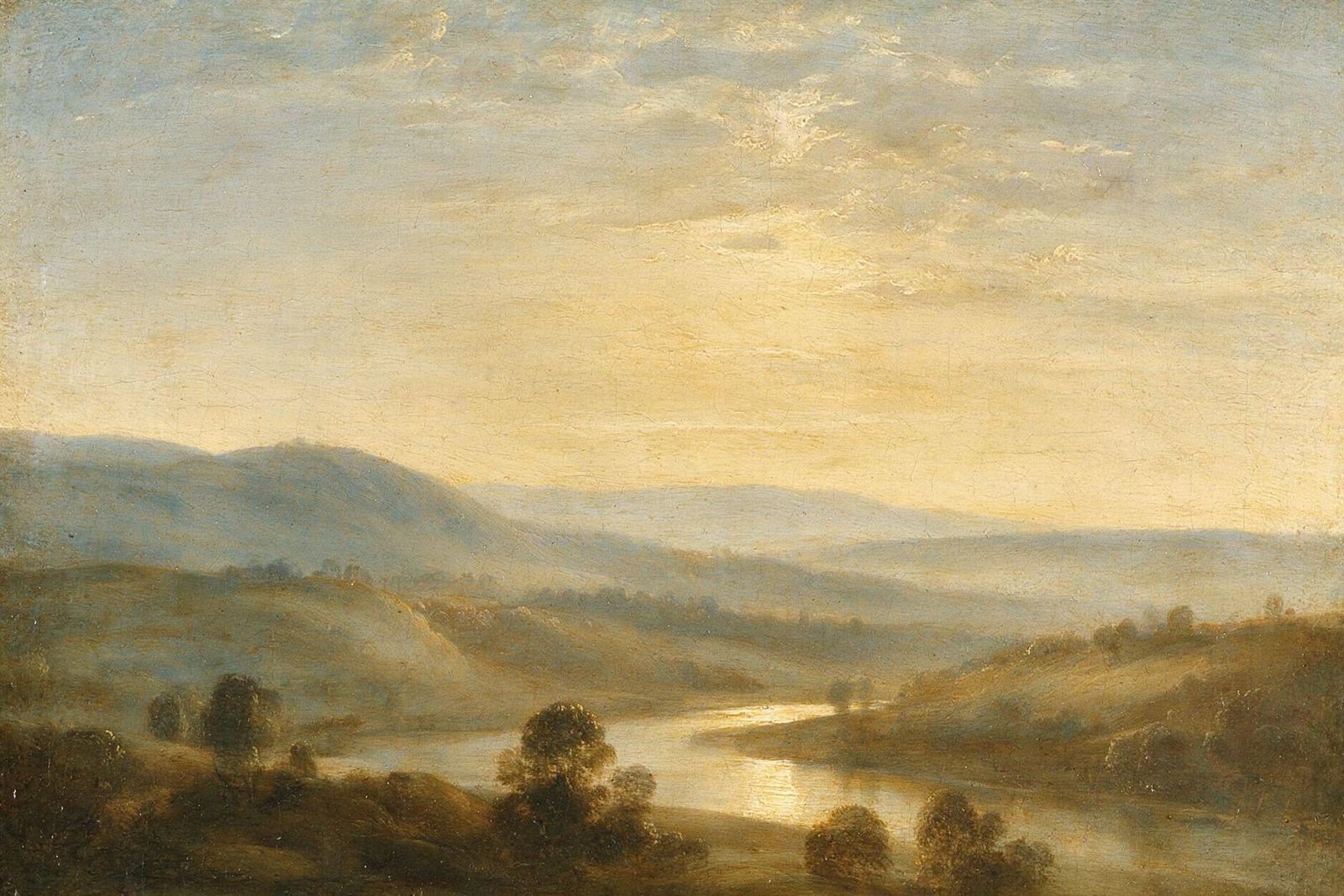 Fragmento pictórico de paisagem em óleo, com colinas em bruma e luz baixa