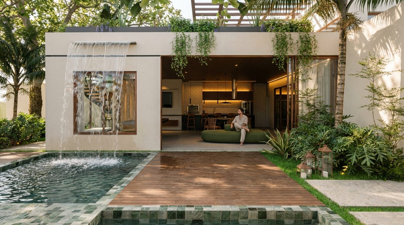 Residência em Brasília com piscina e cascata junto à varanda